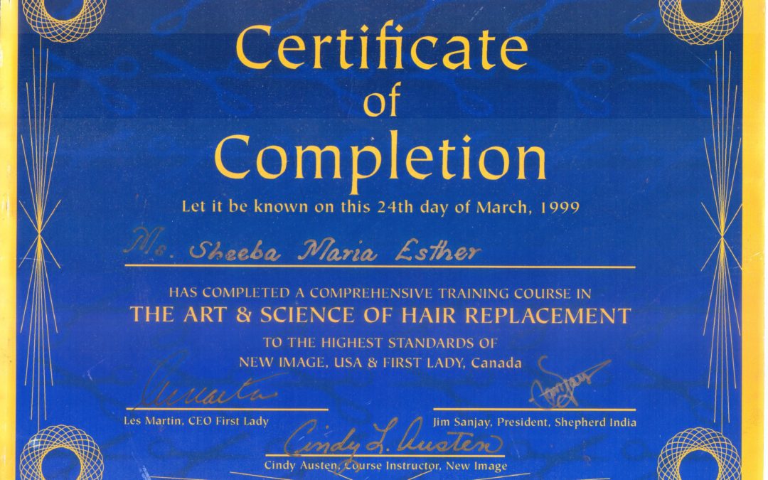 New Image USA Certificate of The Art Science of Hair Replacement